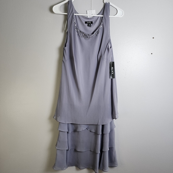 SL Fashions SLNY Women's Concrete Grey Tiered Chiffon Cocktail Dress NWT Size 10 - Picture 3 of 15